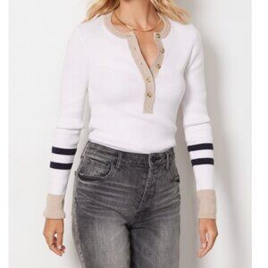NEW Faherty Mikki Henley Long Sleeve Ribbed Pullover Cream Tan Navy Stripe - L